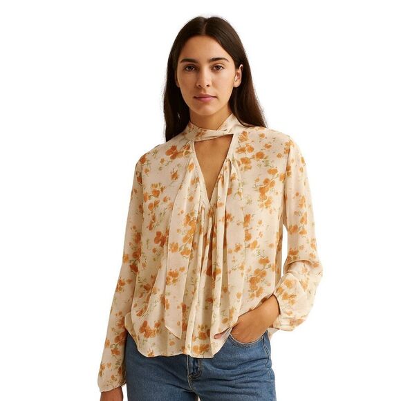 Like New ZARA Ethereal Flowy Orange Floral Sheer Chiffon Long Sleeve Blouson Top - Picture 1 of 6